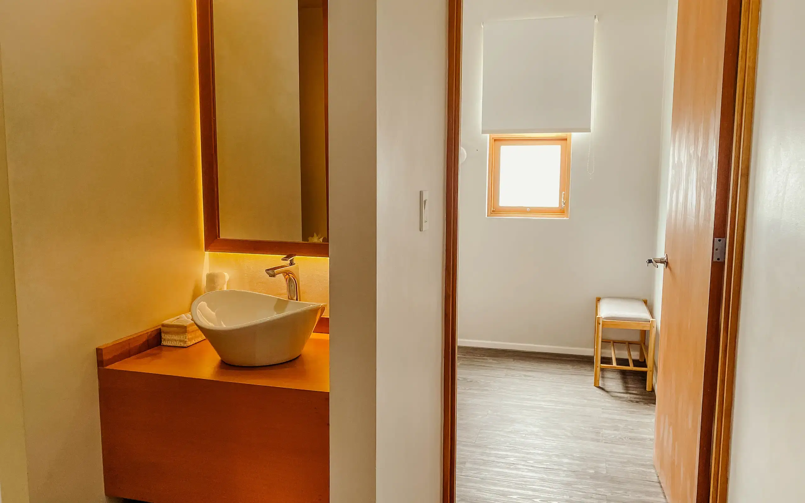 Master suite bathroom vanity with vessel sink