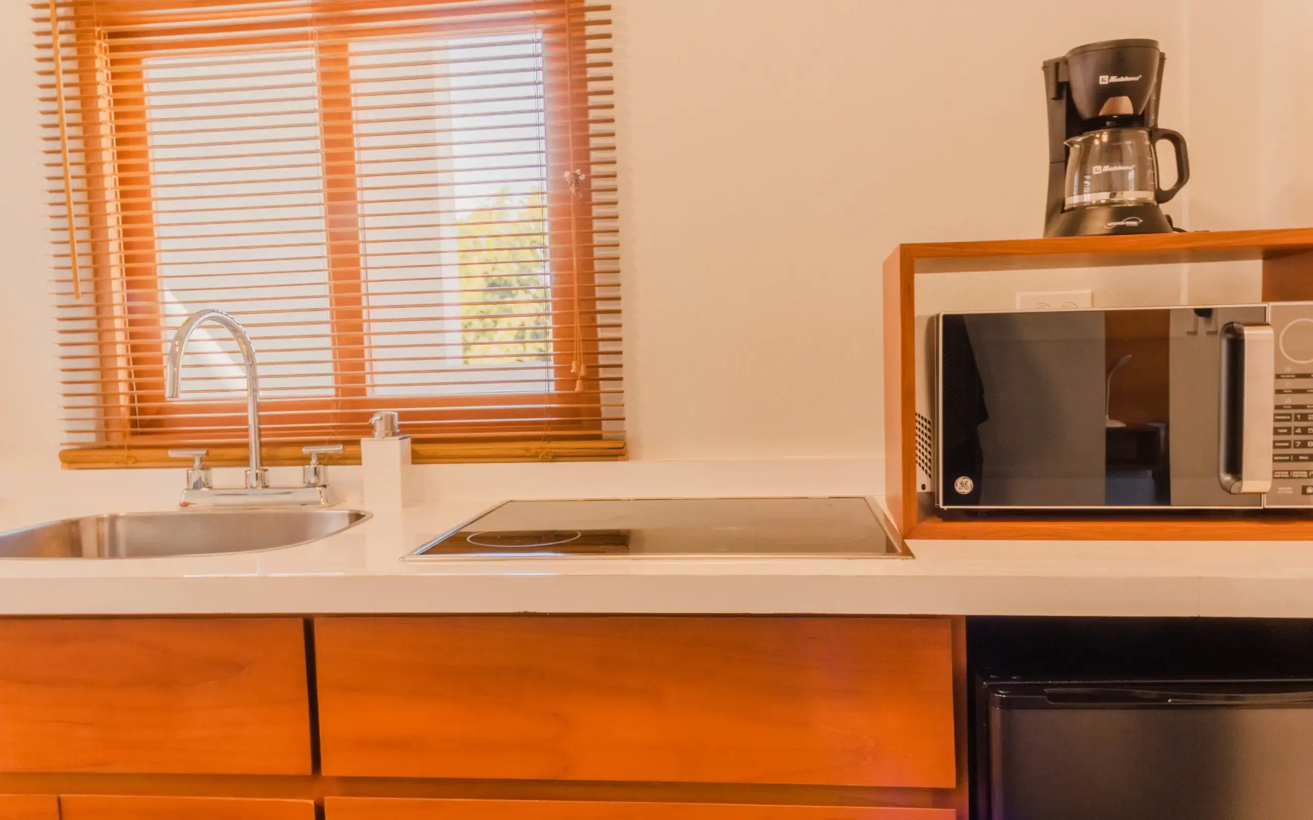 Standard Studio kitchen counter with cooktop and microwave